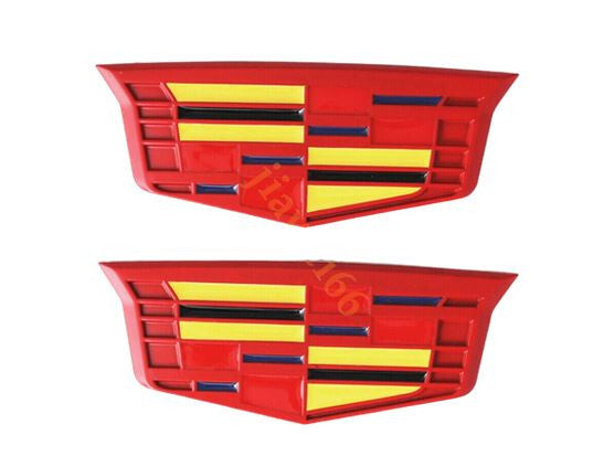 Side fender badge decals for Cadillac ATS, CTS, and SRX, red, 9cm x 3.5cm.