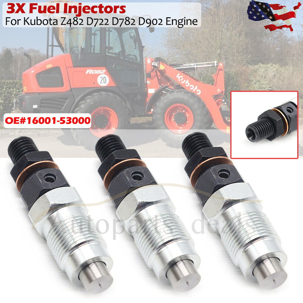 3 fuel injectors 16001-53904 and 16001-53002 for Kubota Z482, D722, and D782 engines (USA)