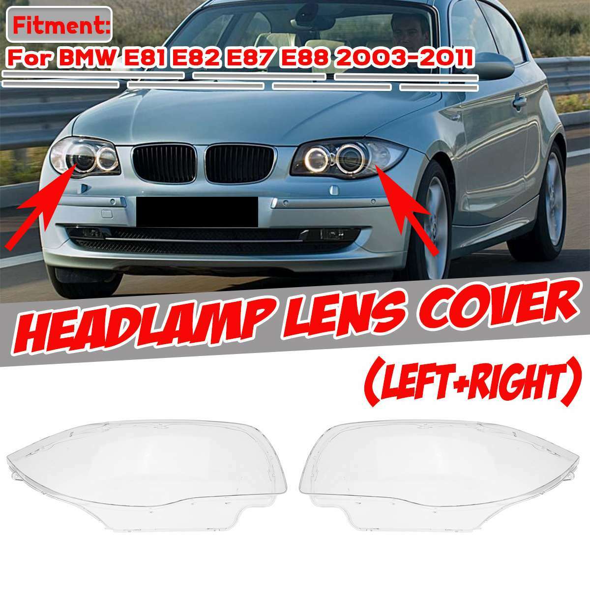A pair of transparent headlight lens protectors for BMW E81, E82, E87, E88, and 1 Series (2003-2011).