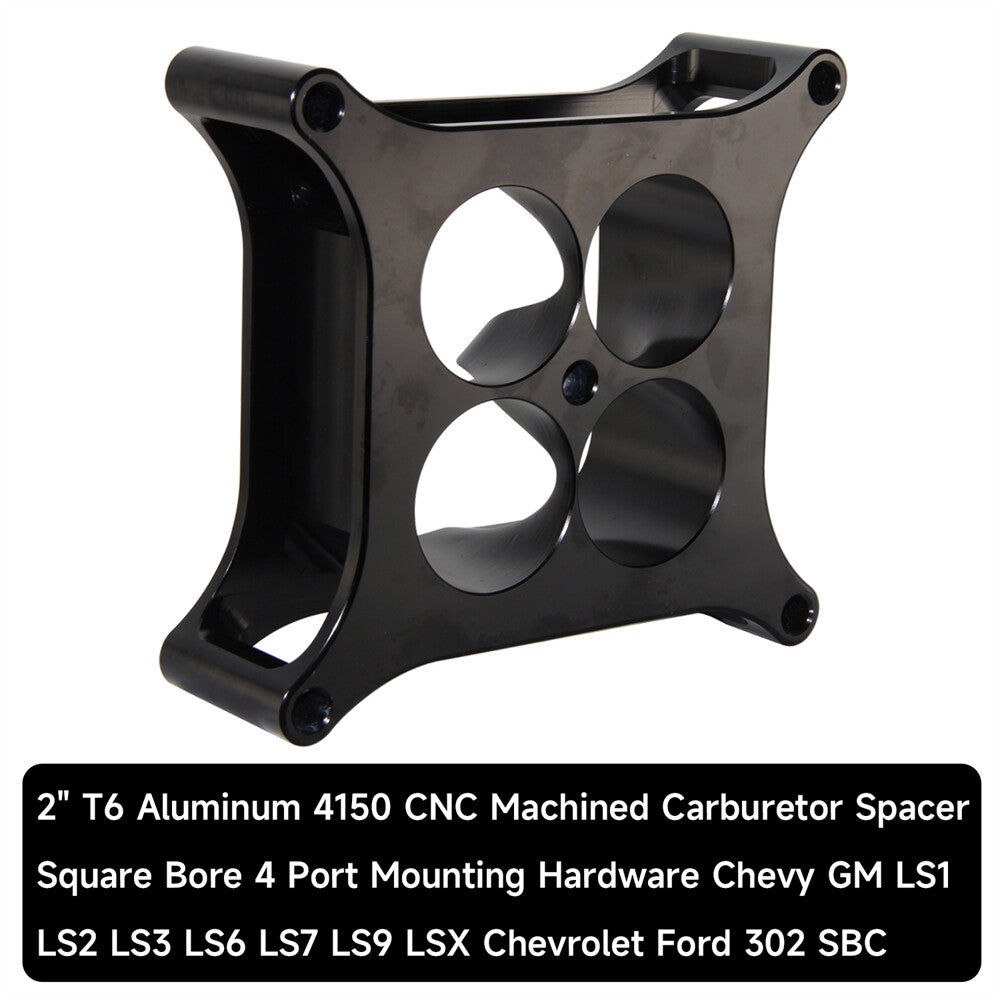 2 inch T6 Aluminum 4150 CNC Machined Carburetor Spacer Square Bore 4 Port Black