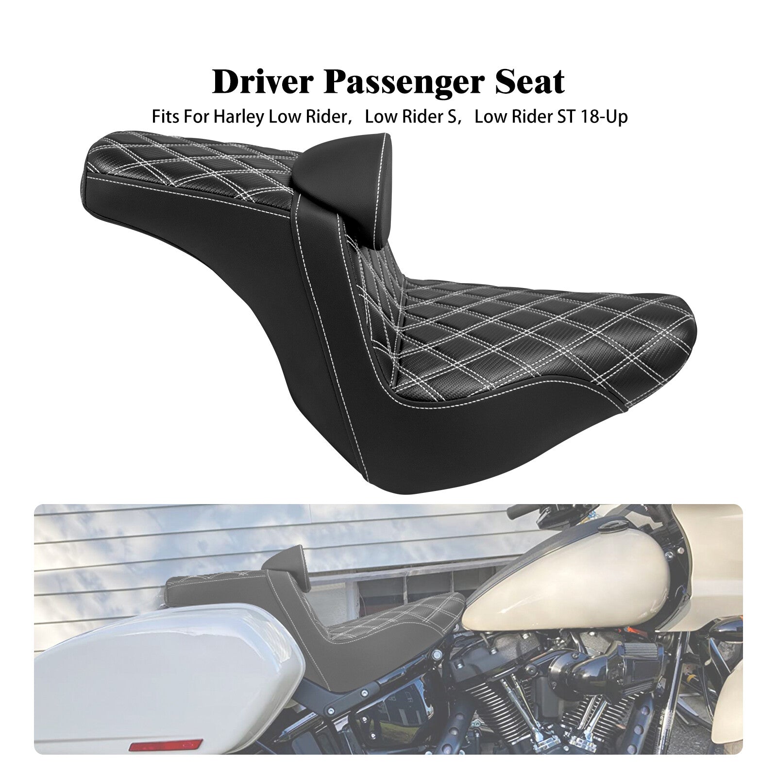 Driver Passenger Gel for Seat White Line w/ Backrest for Harley Low Rider 2018-2024