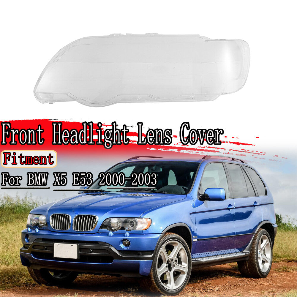 The transparent headlight lens cover for the left front headlight is suitable for BMW X5 E53 2000 - 2003.