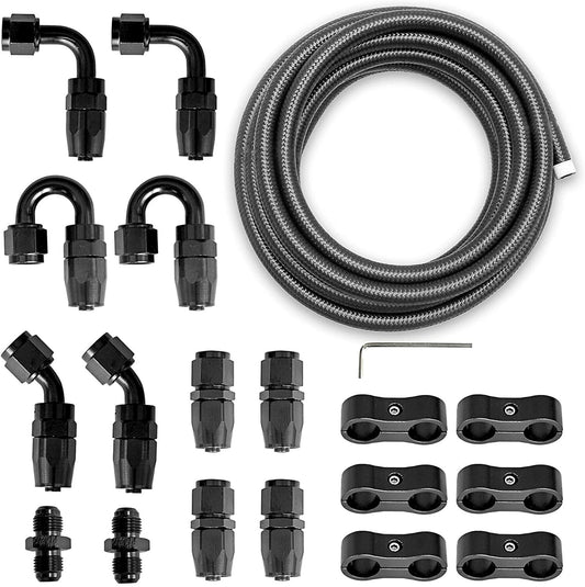 16ft 6AN Black Oiled Wire 3/8 Nylon Braid + AN6 Hose End Fitting Adapter Kit