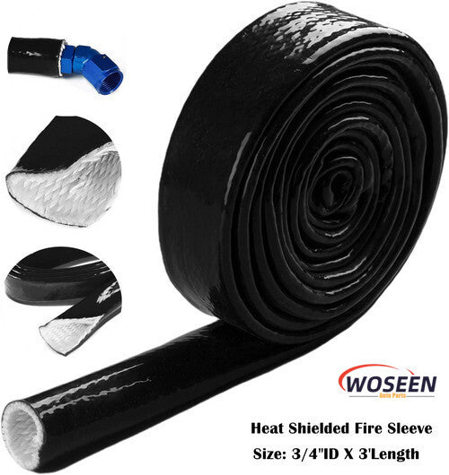 Black hot-fire woven flame shield, 3 feet 3/4 inches, fits 10AN oil fuel line