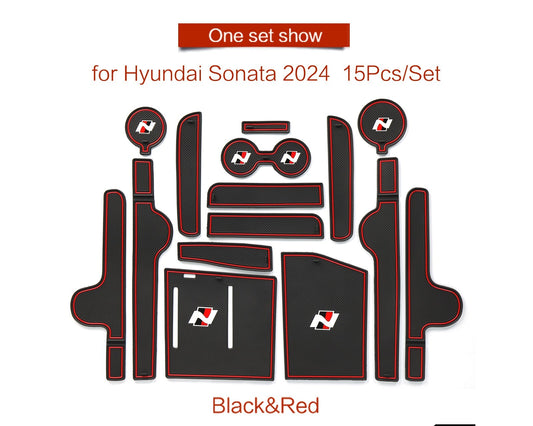 for Hyundai Sonata 2024 N-line Anti-Slip Gate Slot Mat Door Cup Holder 15PCS Red