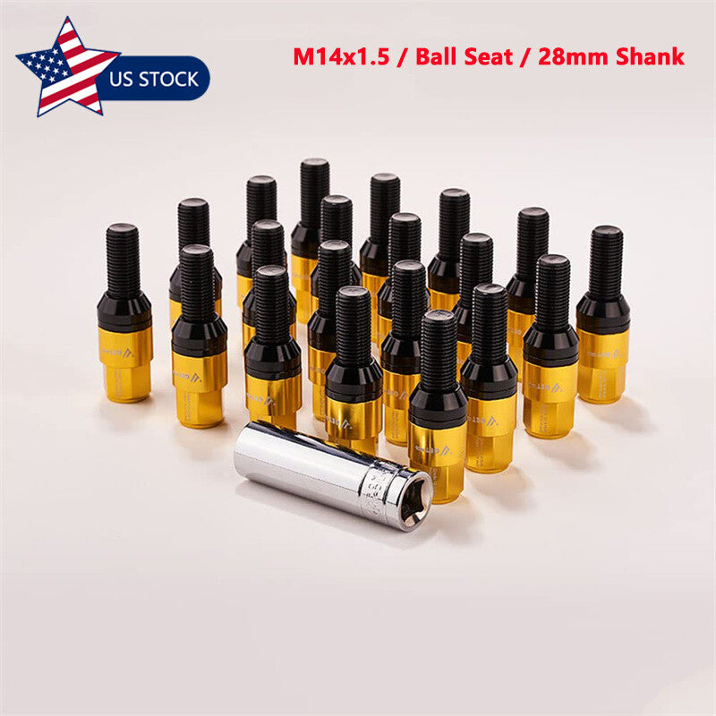 20PCS M14x1.5 Gold Wheel Lug Bolt 28mm Shank Ball for Seat Stud Set for Audi for VW for Benz