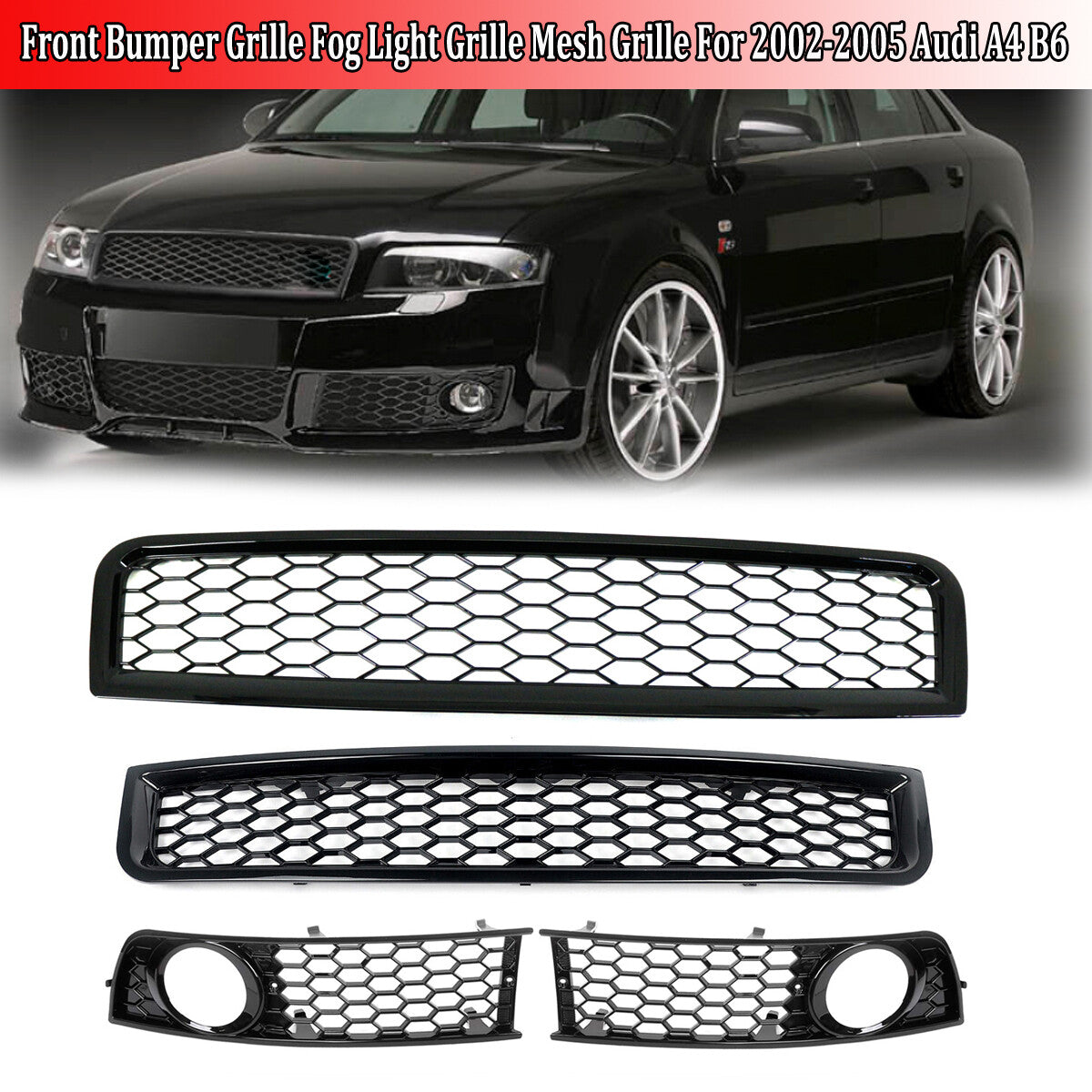 4-piece front bumper grille, center mesh grille, fog lights, barbecue grille for 2002-05 for Audi A4 B6