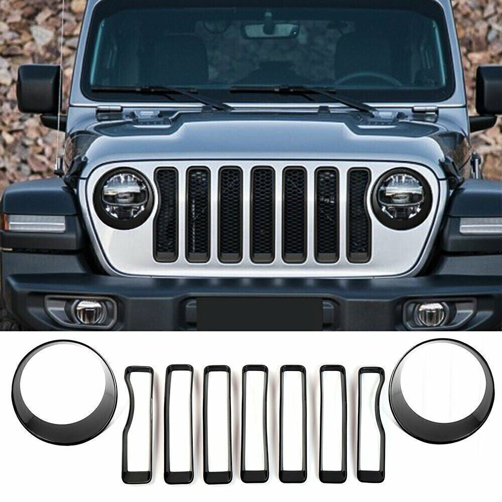 for Jeep for Wrangler JL JT 2018+ Black Front Headlight RingGrille Insert Cover 9x
