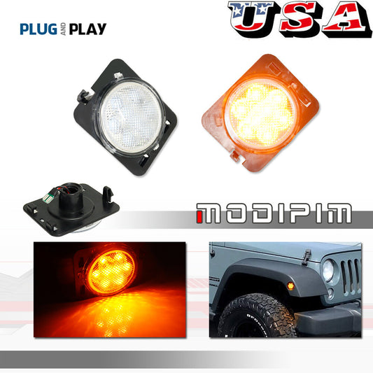 Suitable for 2007-15 for Jeep for Wrangler JK with clear lens, amber LED side markers, and turn signals.