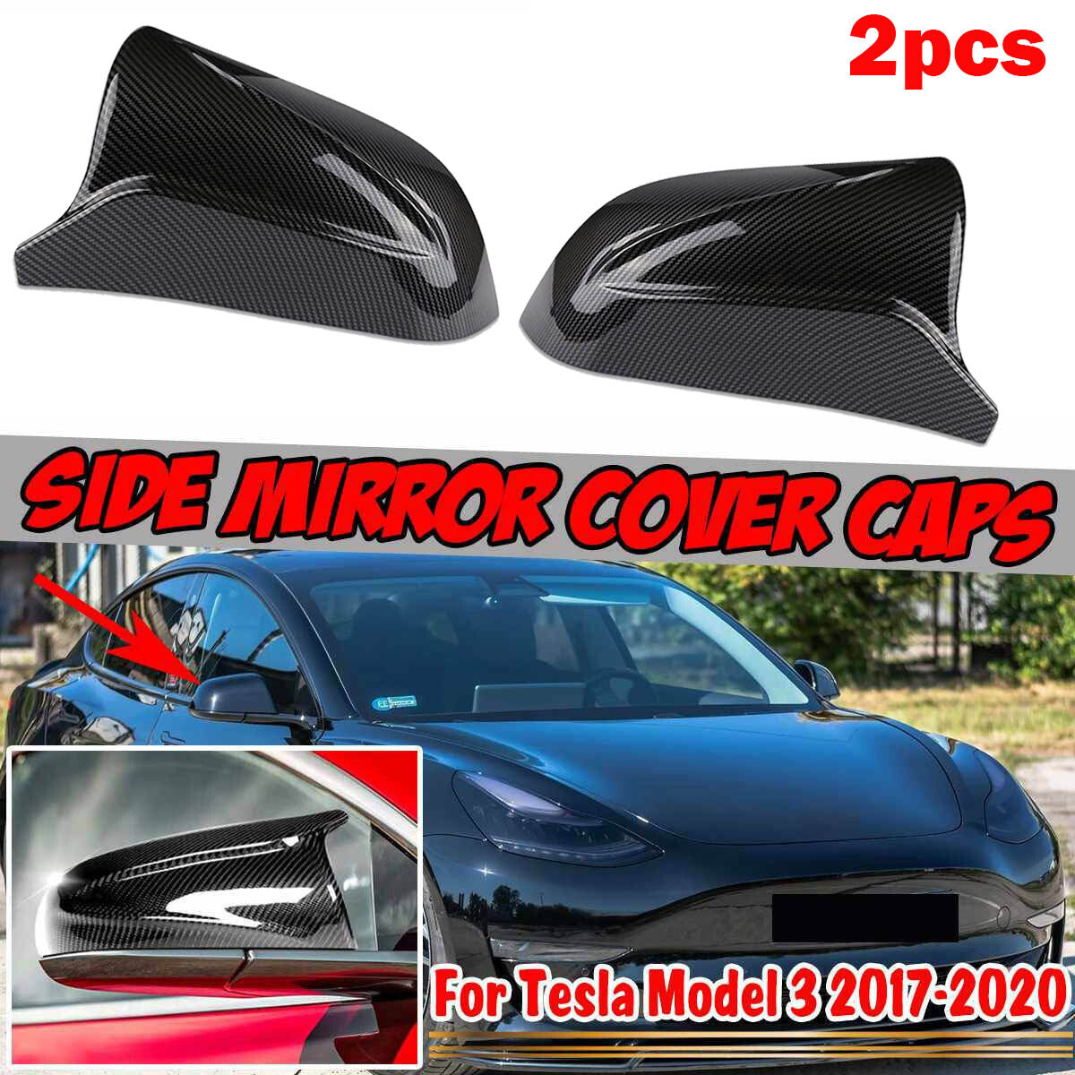 2pcs Rearview Wing Door Mirror Cover Cap Carbon Fiber for Tesla Model 3 17-20