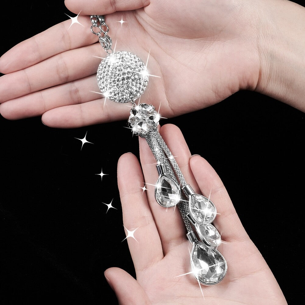 White Crystal Disco Ball Charm Hanging Ornament For Car Rear View Mirror Pendant