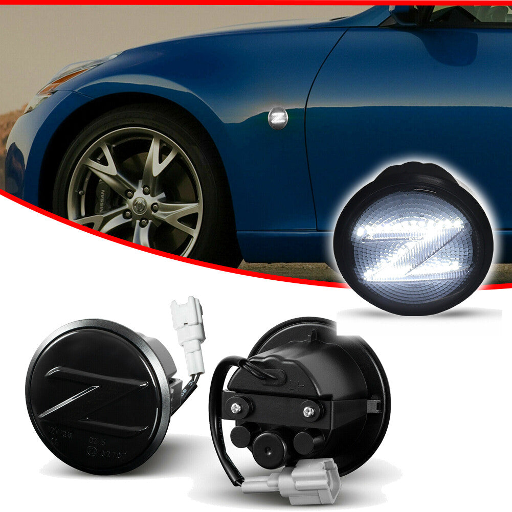 Two white sequential LED side marker lights for turn signals are applicable to 2009-2020 for Nissan 370Z.