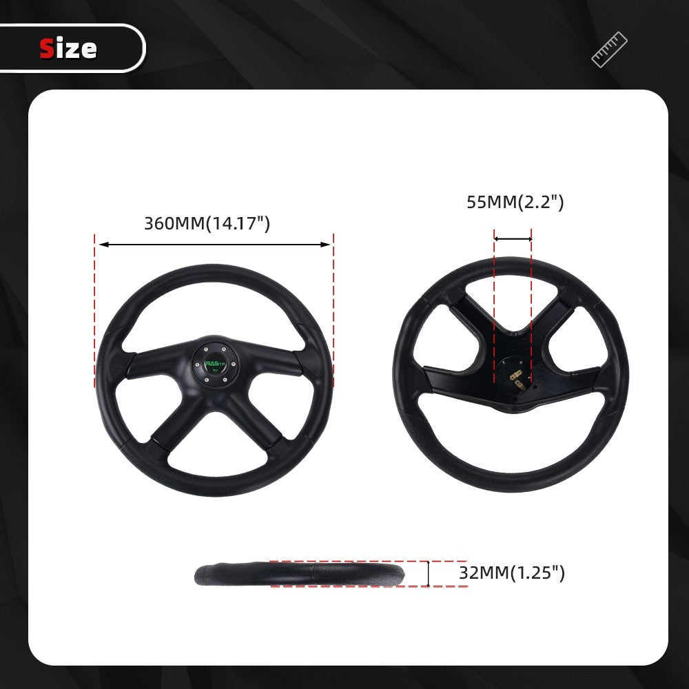 14¡° Universal 4 Spokes PU Leather Flat Dish Racing Steering Wheel w/Horn Button