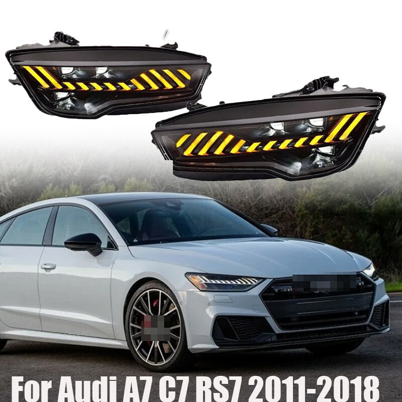Sequential LED headlights for Audi A7, C7, and RS7 2011-2018 headlight assemblies.