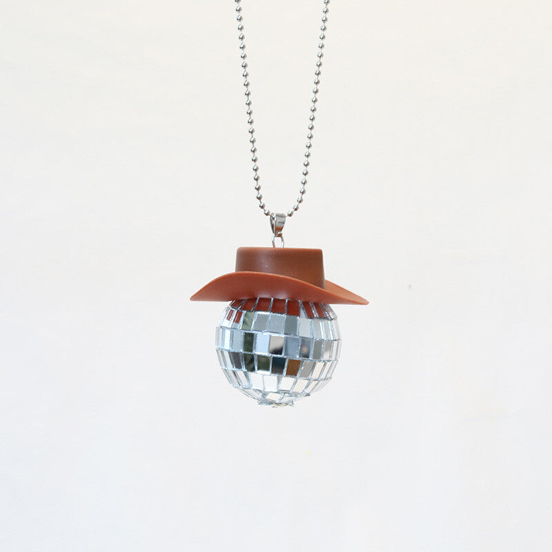 Cowboy Hat Disco Ball Car Ornamen Shiny Rear View Mirror Hanging Acessory Brown