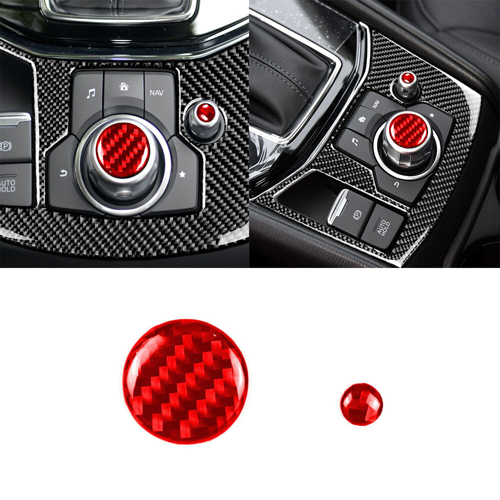 Red Carbon Fiber Multimedia Switch Button Ring Cover Trim for Mazda CX-5 2017-21