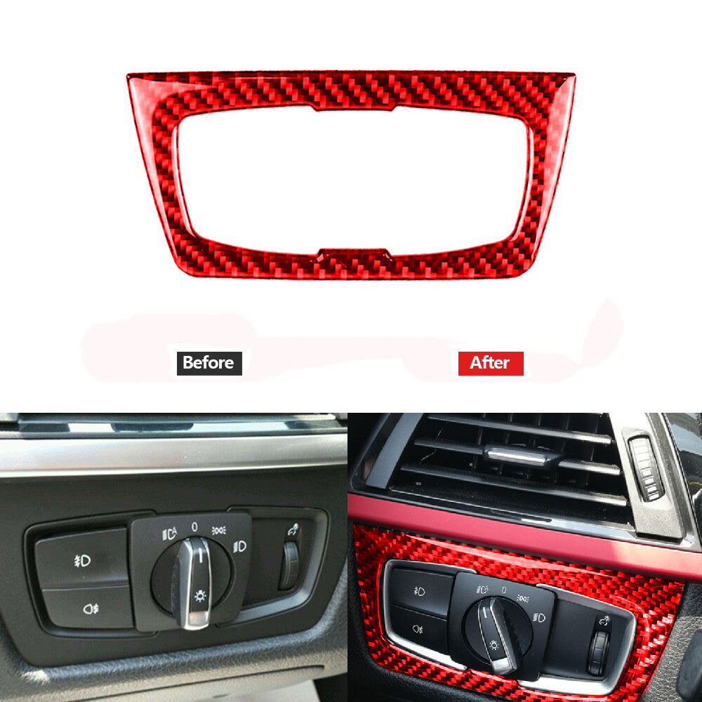 Red Carbon Fiber Headlight Switch Panel Trim Cover for BMW 3Series F30 2013-2019