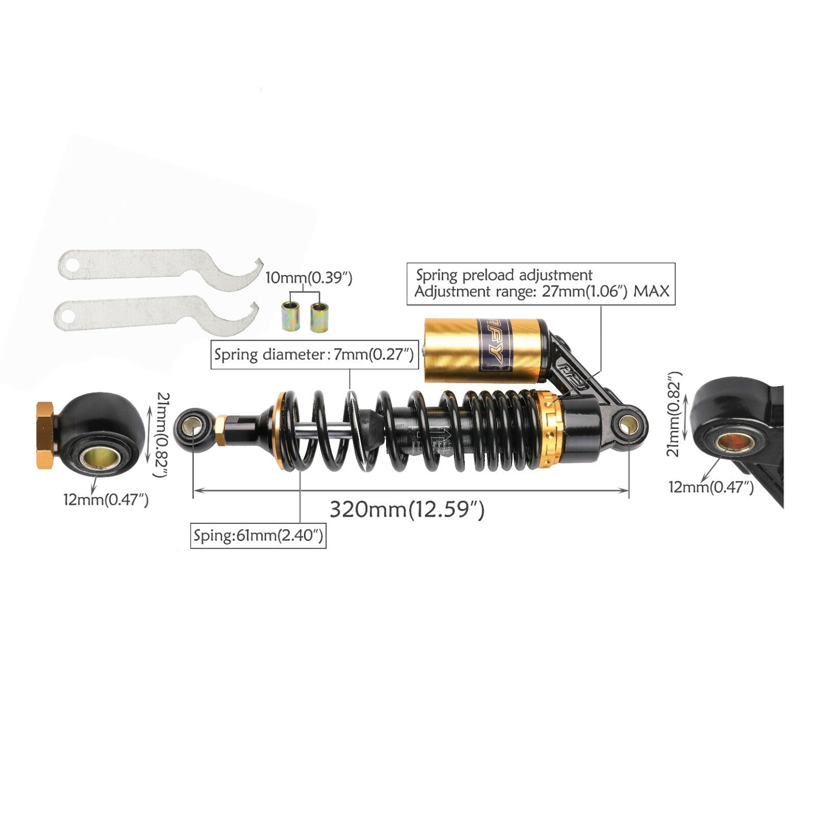 320mm Rear Air Shock Absorber for Harley Motorcycle Quad Dirt Bike Go Kart 540lb