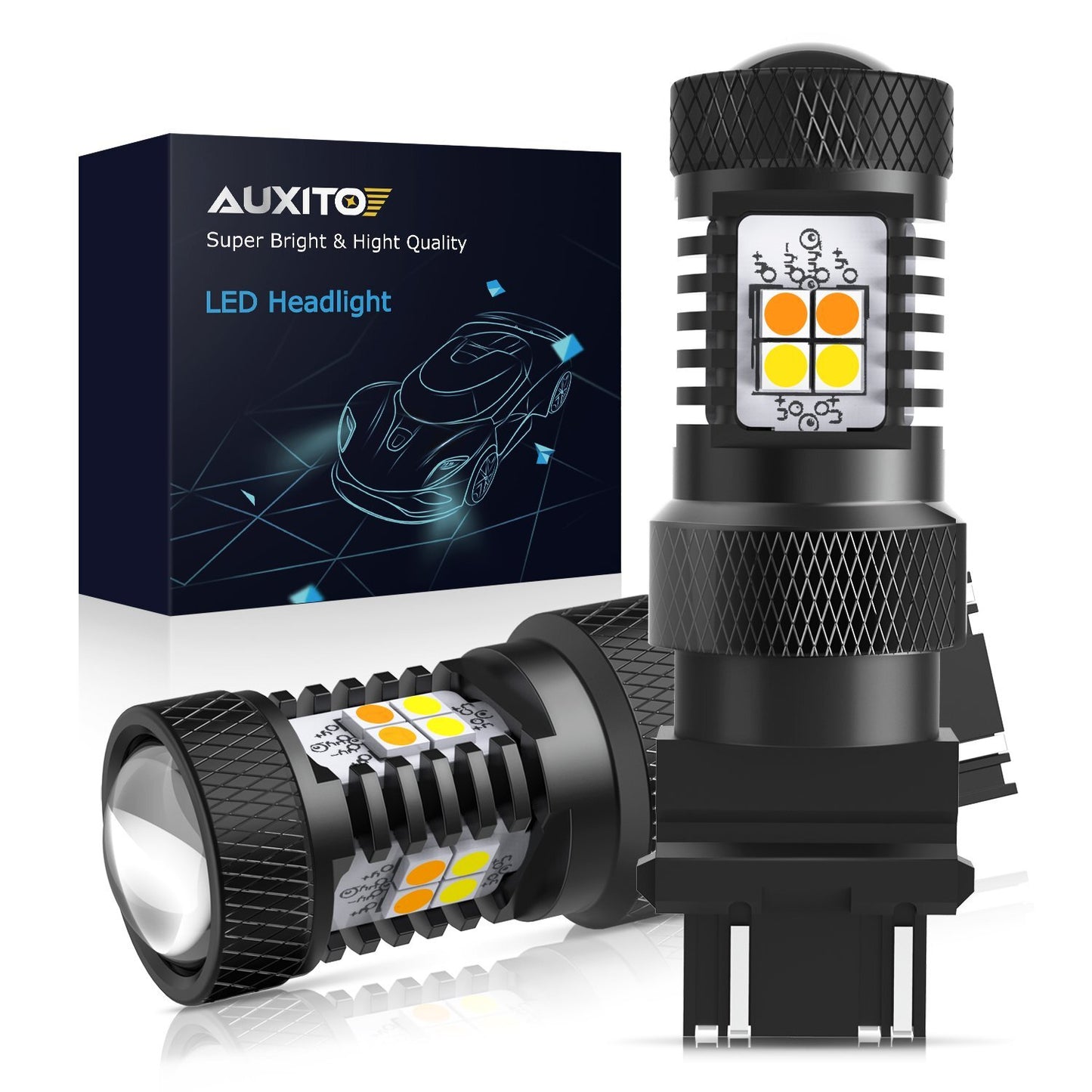 2x High-Power 3157 Dual-Color Switchback LED Bulbs with Turn Signal Lights (CK) - Socket