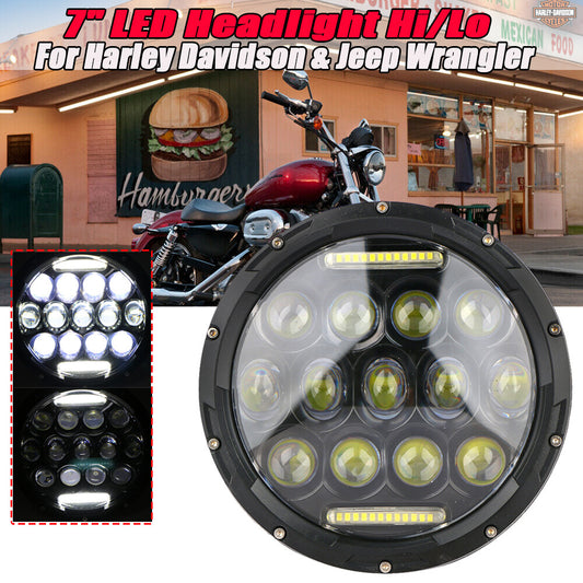 Black 7-inch 75-watt round LED headlights, high/low configuration, suitable for Harley-Davidson and for Jeep for Wrangler .