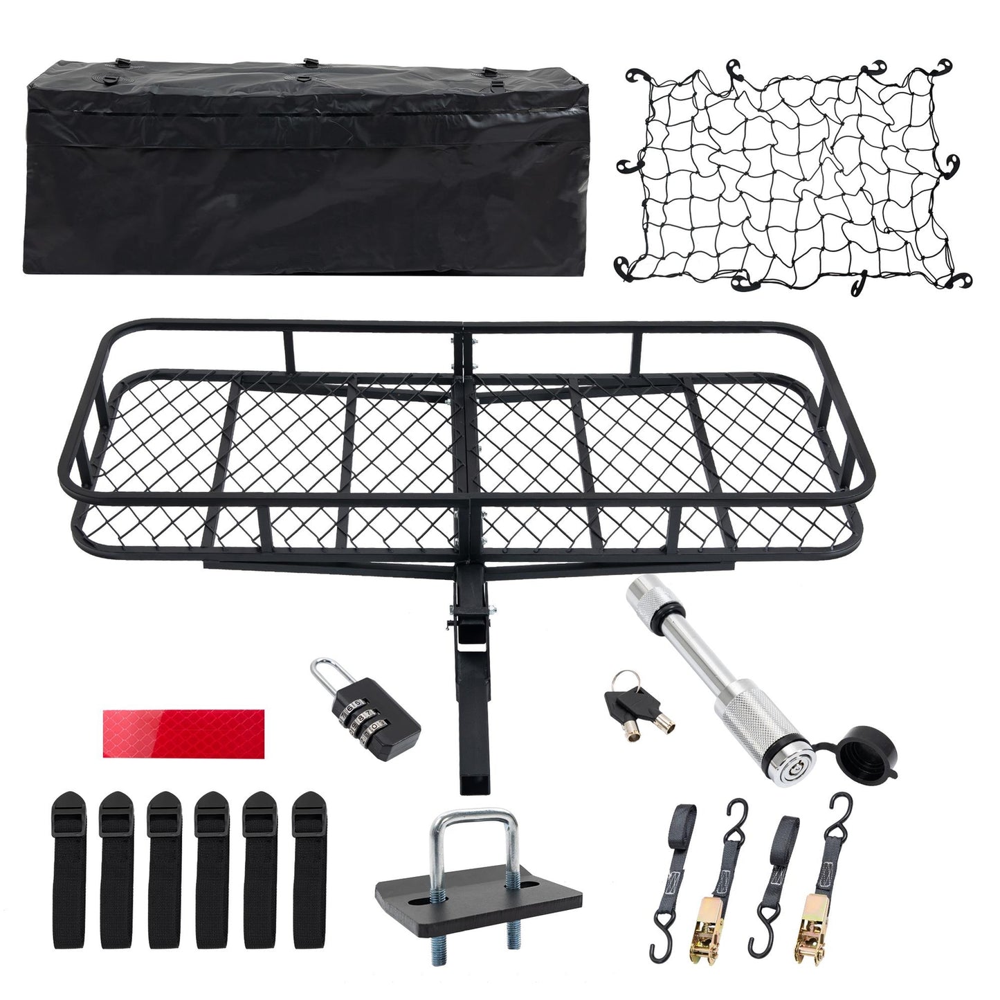 Durable trailer with hanging rack, folding cargo basket, and cargo netting