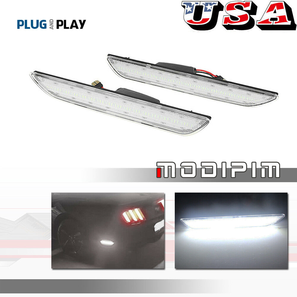 Transparent lens, white LED, rear marker light/reflector suitable for Mustangs 2015 and older.