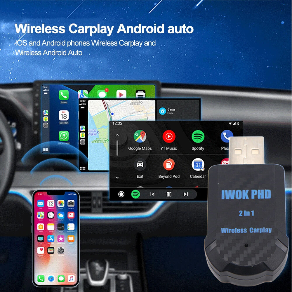 2 in 1 Wireless Carplay Adapter For Apple iOS Android Auto for Smart USB Plug & Play
