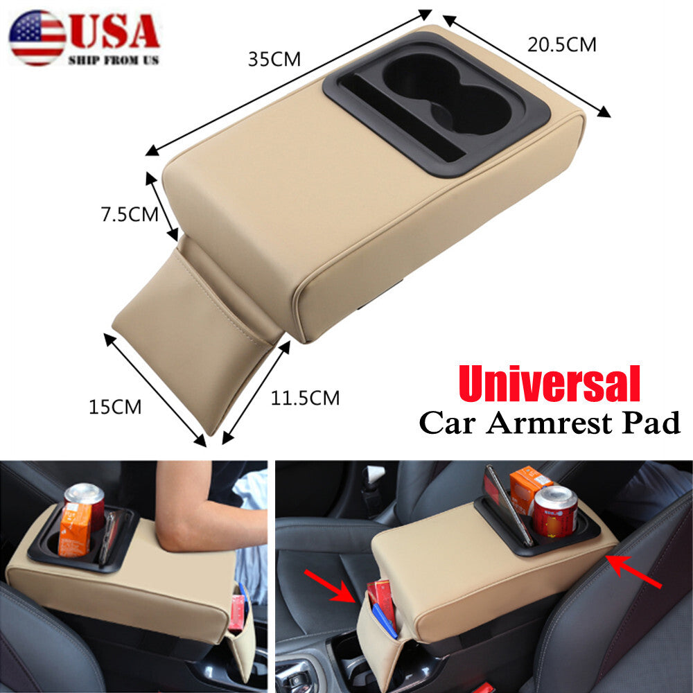 Car SUV Dual Cup Holder Armrest Mat Center Console Storage Mat Protective Cover Beige