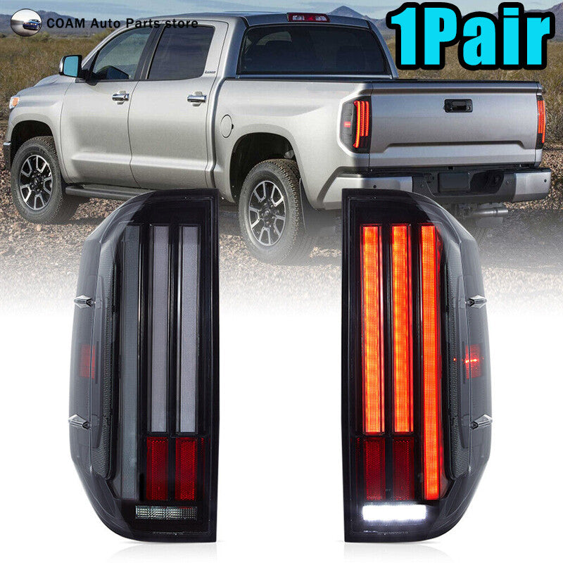 Smoked LED taillights with LED DRLs for 2014-2021 for Toyota Tundra models.
