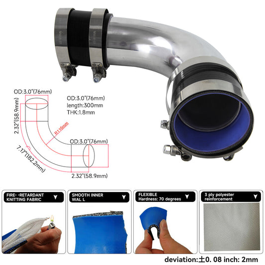 76mm 3'' 90Deg Aluminum Intercooler Turbo Intake Air Pipe Tube + Silicone Hoses