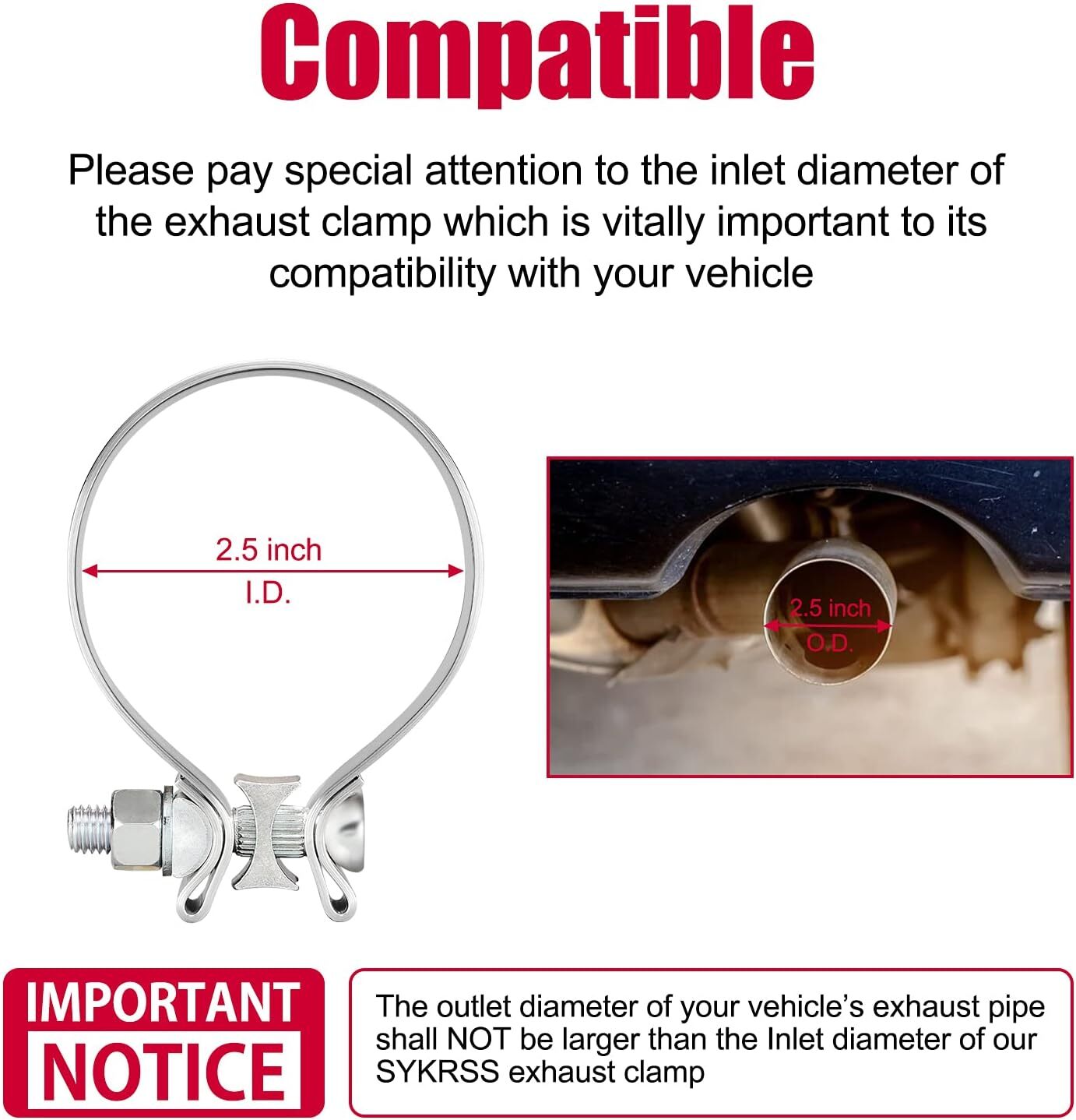 2.5-inch exhaust clips with narrow strap, stainless steel, 2-piece exhaust system with clips