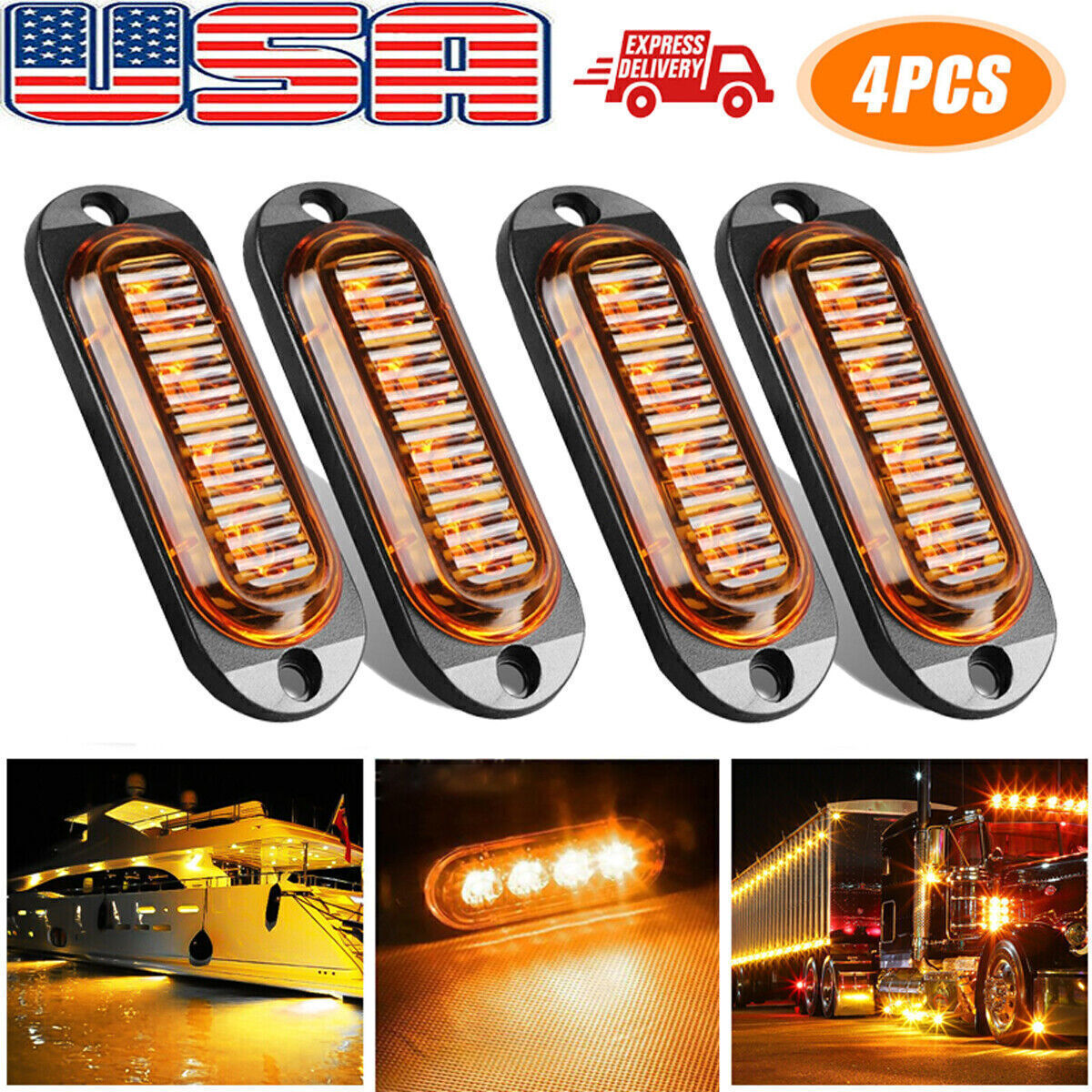 4x 4LED Amber Side Marker Lights Clearance Lamp for Pickup Truck Boat Trailer RV
