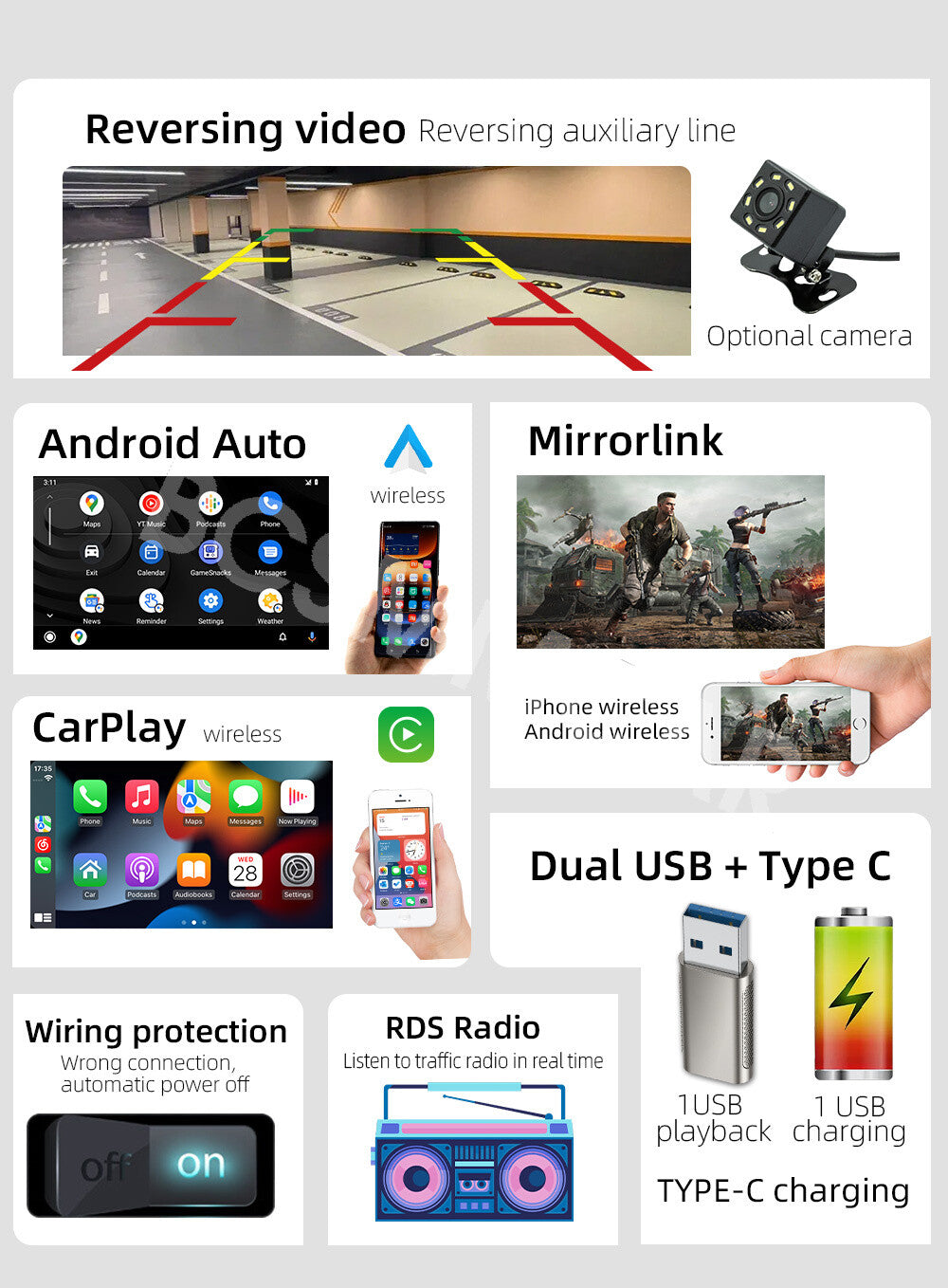 For Apple Caplay Android Auto Single 1 Din Car Stereo Radio 4.7in Bluetooth USB