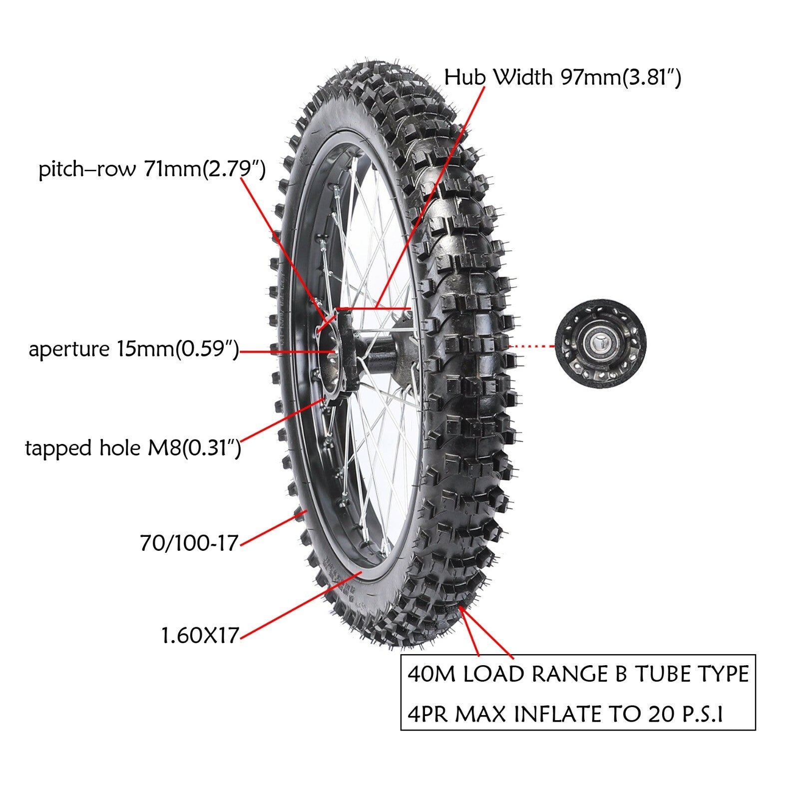 17-inch front wheel with 70/100-17 tire and rim suitable for SSR Apollo RFZ 125cc 150cc 160cc pit bike.