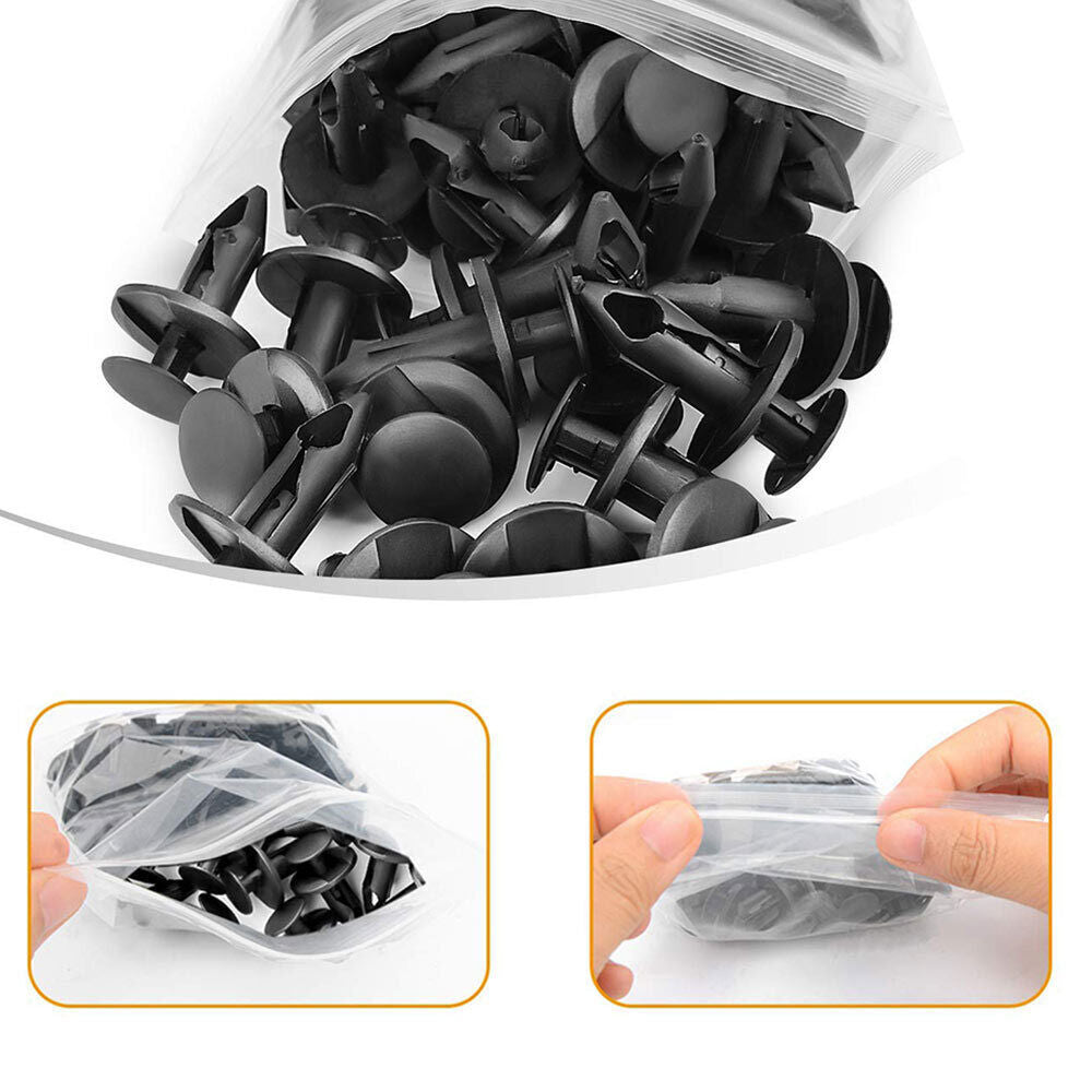 100-piece pack of black plastic rivets with 8mm hole fasteners for mudguards and bumpers - promotional clips