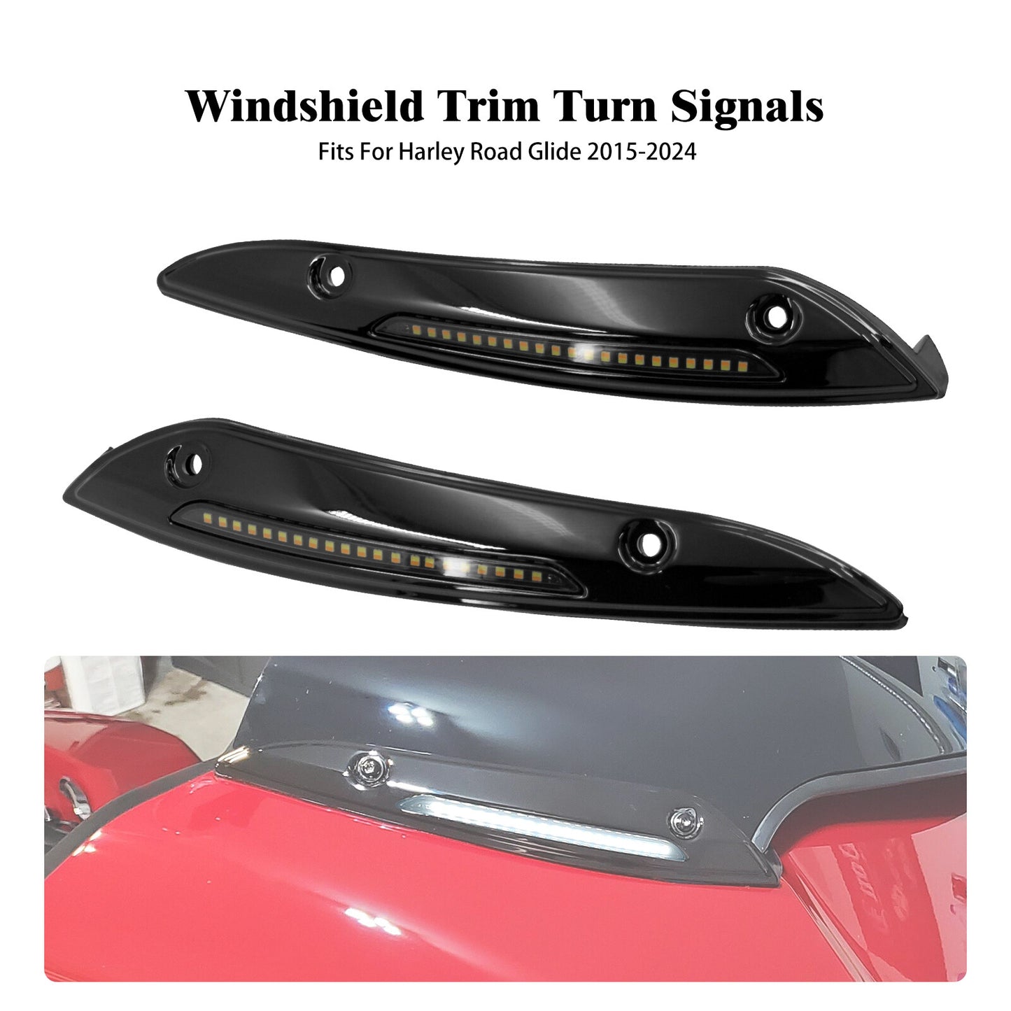 Black Aluminum Windshield Trim Turn Signal LED Light for Harley Road Glide 15-24