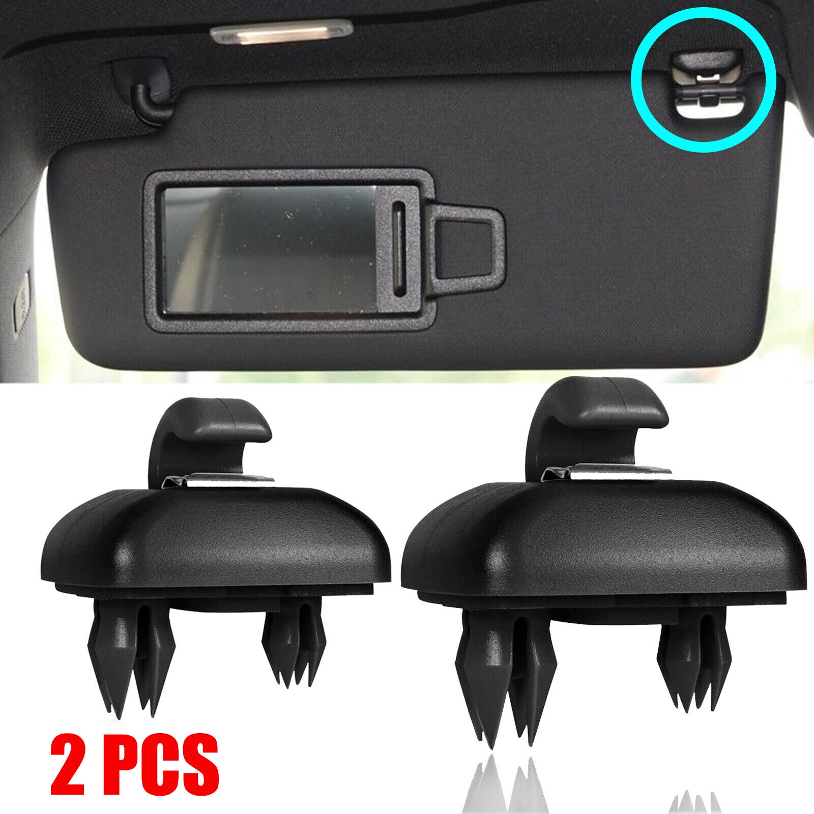A pair of black sun visor clips suitable for Audi A3 A4 A5 Q5 A7 B6 B7 B8 S4 S5 TT 8E0857562A