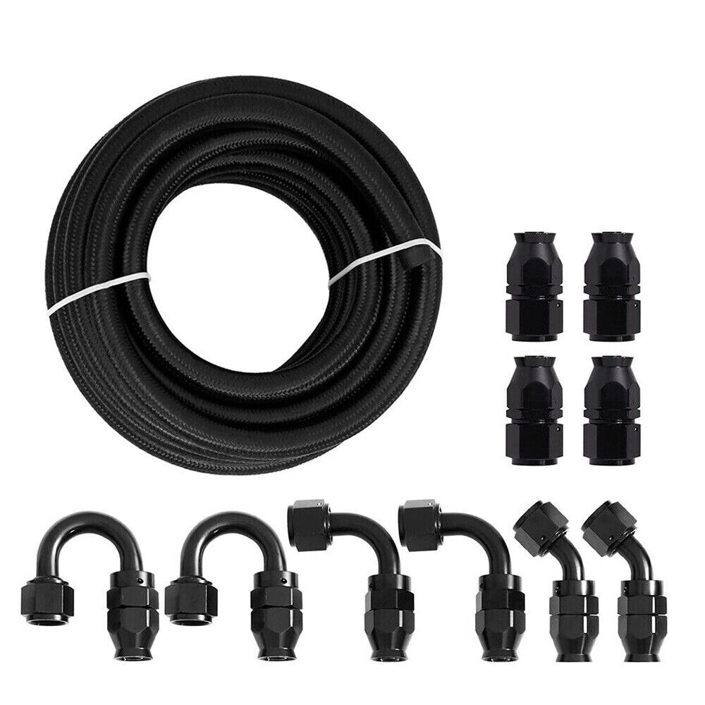 6AN -6AN 10FT Black Nylon E85 PTFE Fuel Hose Line 10Pcs Adapter Fitting Hose Kit