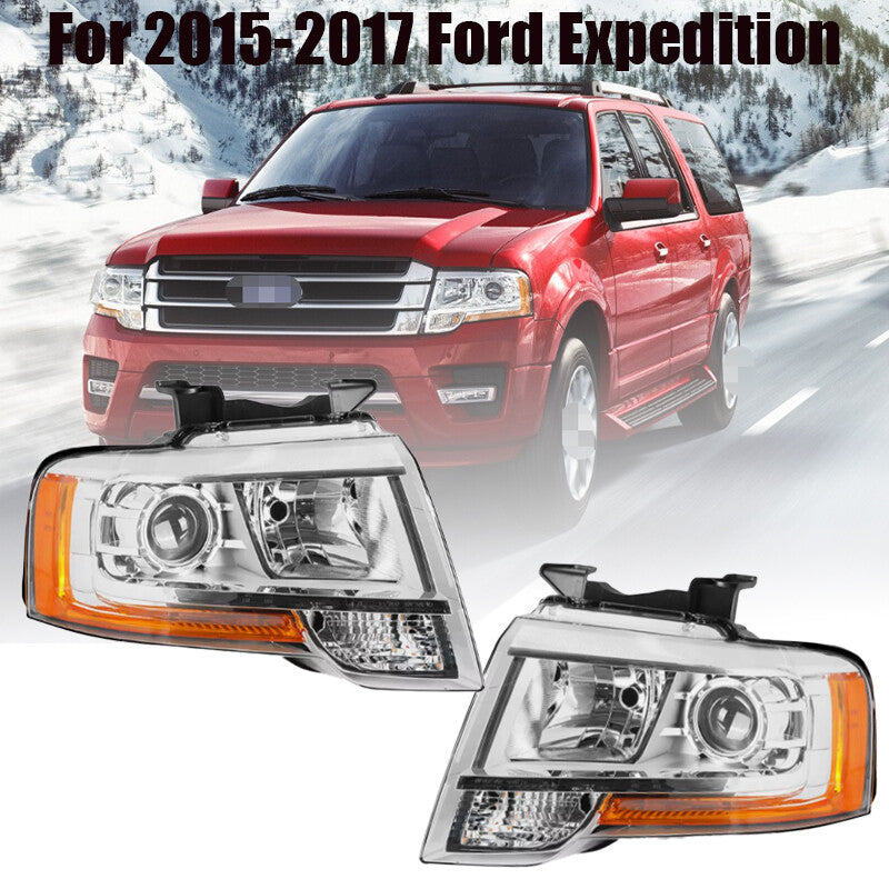 Chrome Projector Headlight For 2015-2017 for Ford Expedition Driver Passenger Side