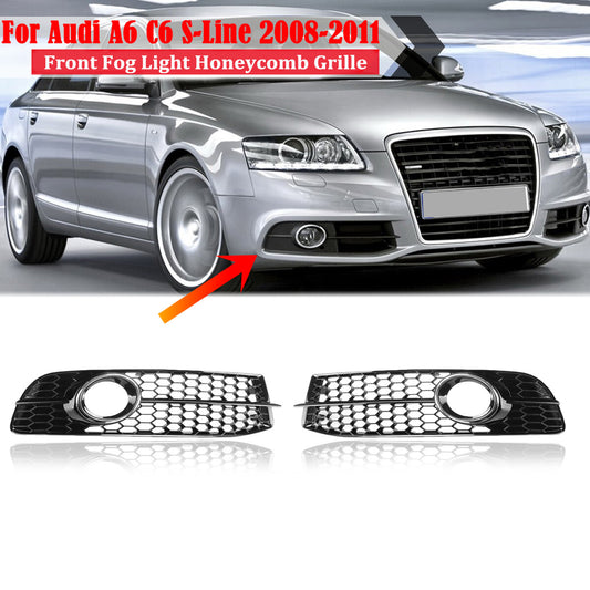 2-piece front bumper fog light grille cover trim caps for Audi A6 C6 S-line L+R