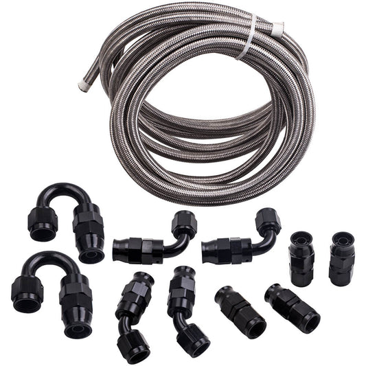 PTFE fuel line hose 6AN 3/8 inch connector kit, braided nylon, stainless steel, oil and gas fitting.