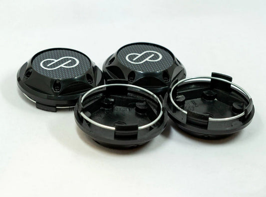 4-piece set of 66mm Enkei badge wheel center caps, hubcaps, and rim caps in black chrome.