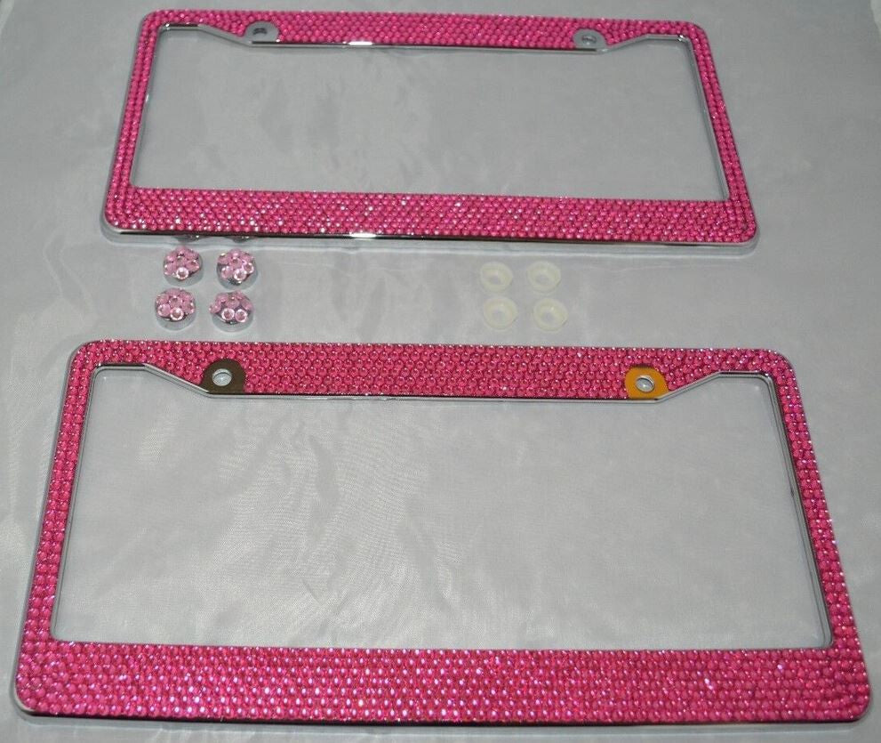 2-Piece Car License Plate Frame Cover for Rear Trunk Pink Glitter Crystal Suitable for Volvo