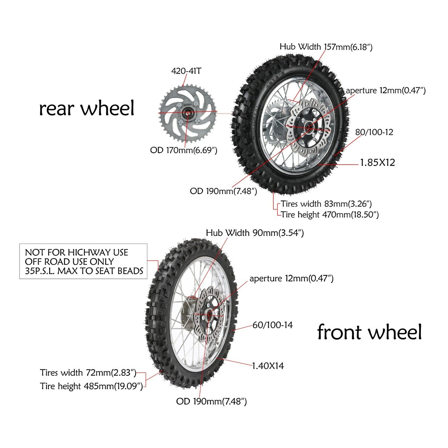 Front 60/100-14 tires + Rear 80/100-12 tires, 50cc-125cc tires/dirt bicycle.