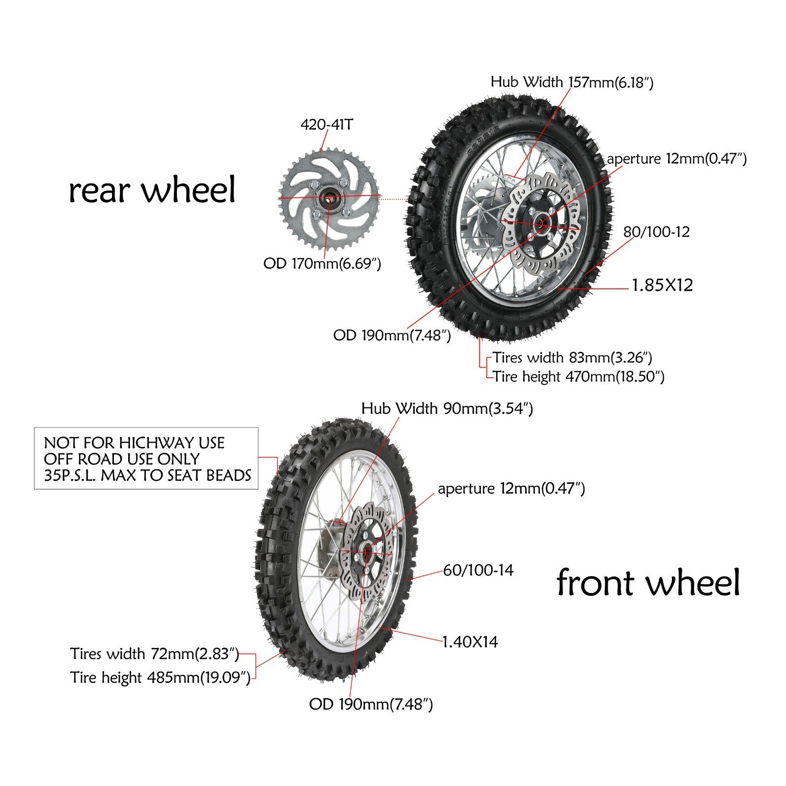 Front 60/100-14 tires + Rear 80/100-12 tires, 50cc-125cc tires/dirt bicycle.