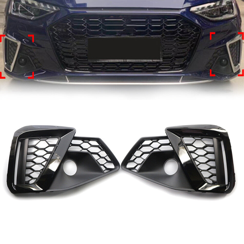 for Audi A4L 2020-2022 LR Pair Gloss Black Front Bumper Fog Light Grille