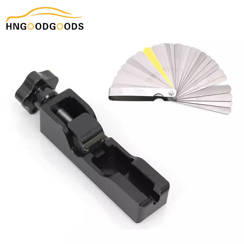 Universal spark plug gap tool for most 10/12/14/16 mm spark plugs with contact gauge.