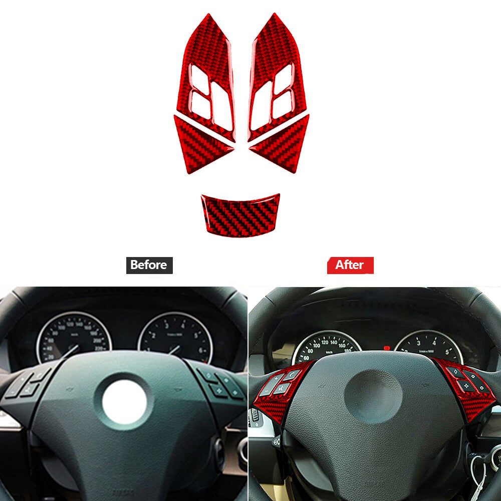 5Pcs Red Carbon Fiber Steering Wheel Button Cover Trim for BMW 5Series E60 05-11