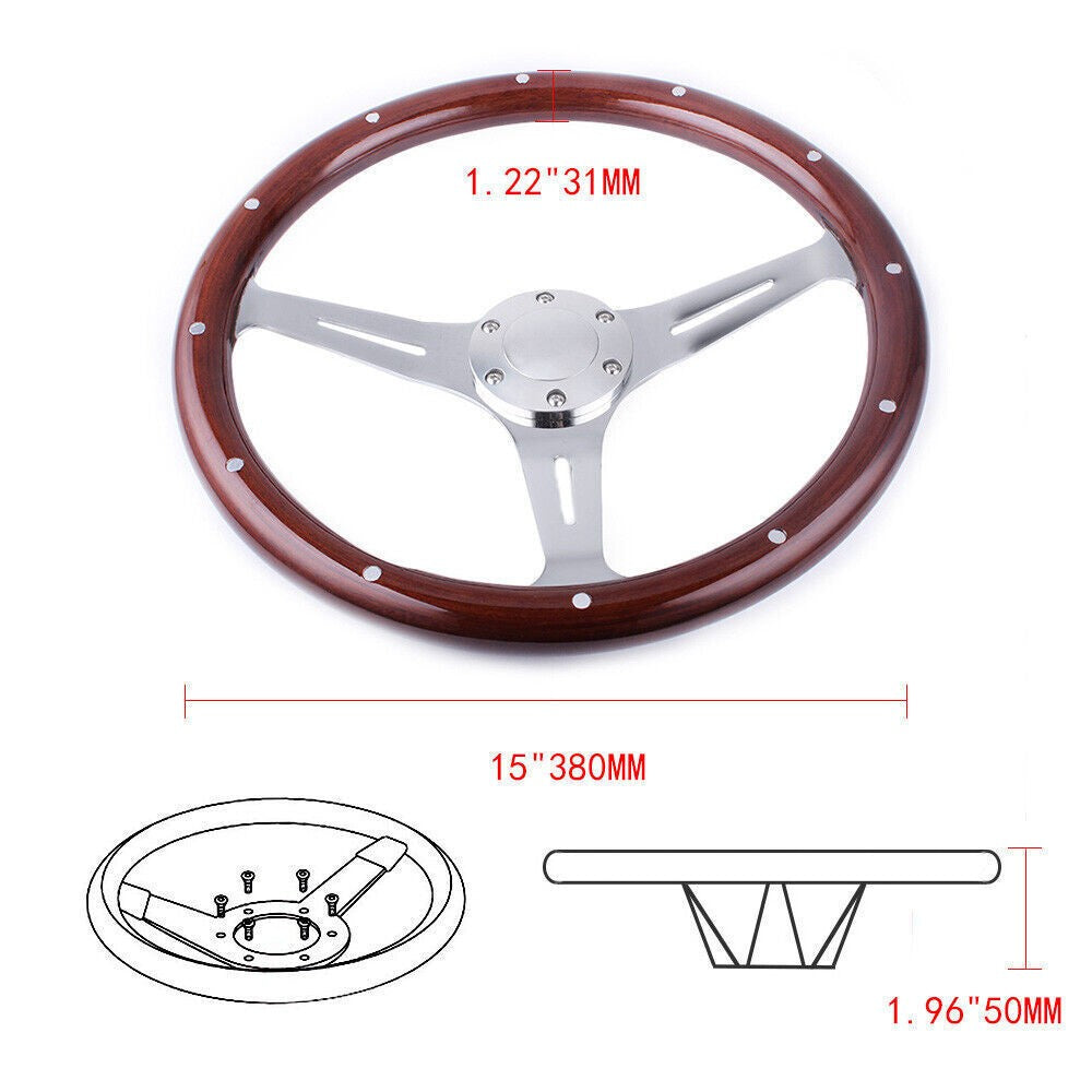 15 Inch 380mm 6 Hole Billet Steering Wheel Dark Wood Riveted Grip Chrome Spoke