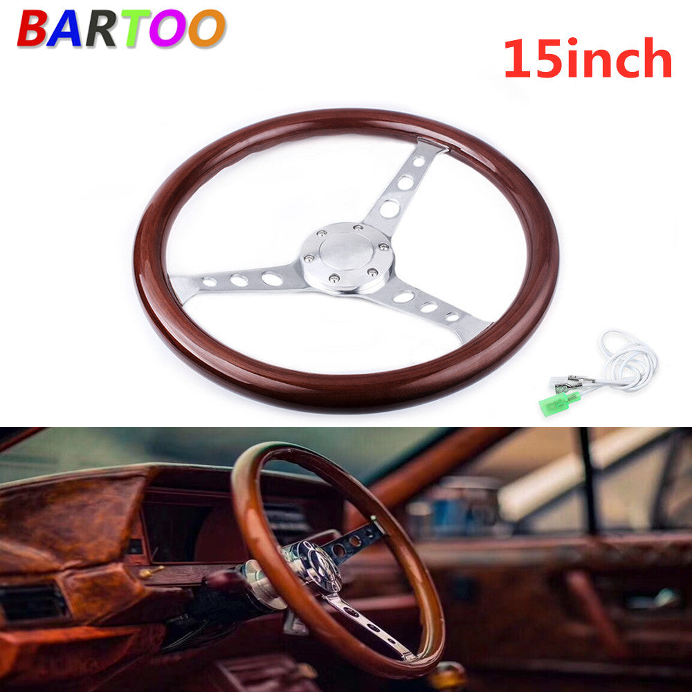 15/380mm Classic Mahogany Wood Grain Brown Trim Steering Wheel w/Horn Button